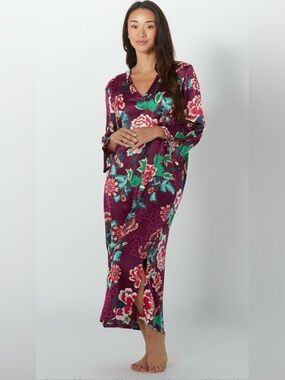 Natori Floral Satin Caftan Lounge Dress Small New Maxi Resort Luxe Modern Boho